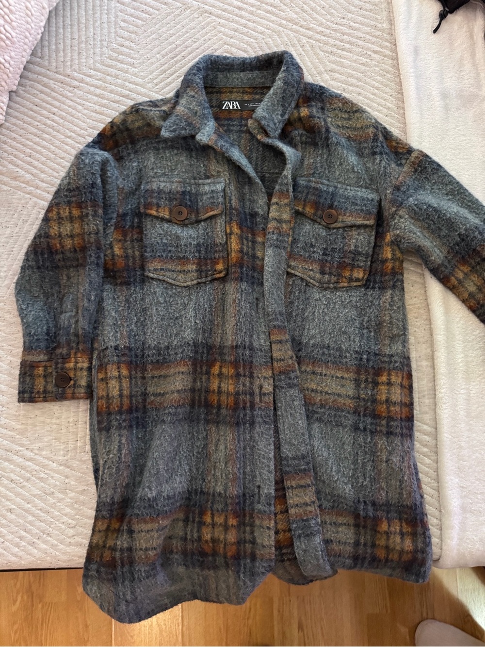 ZARA Gray Plaid Shacket with Rust and Navy Stripes